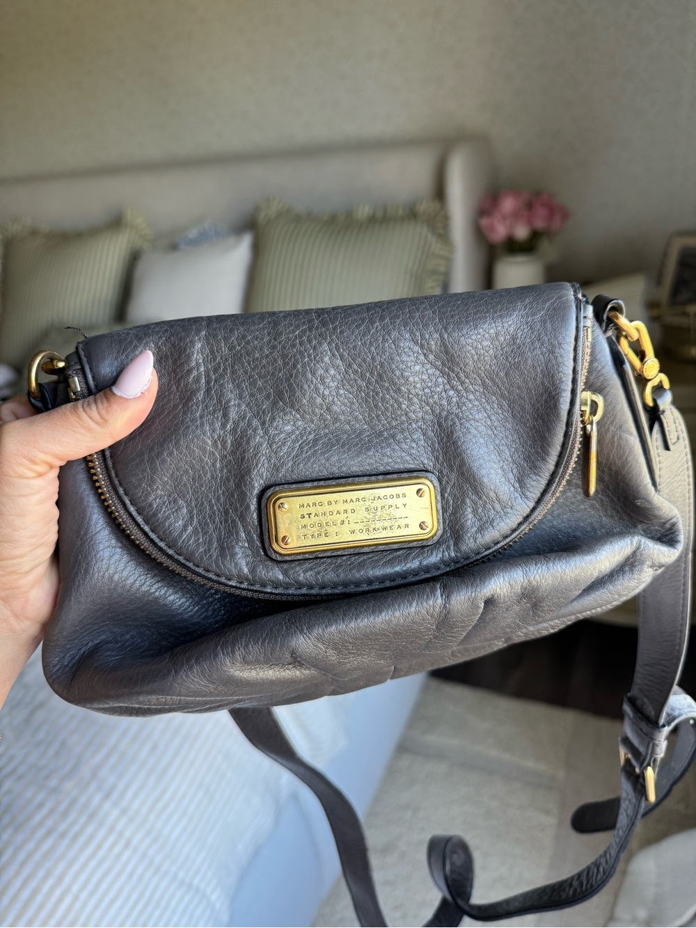Marc by Marc Jacobs dark gray Leather Flap Crossbody with Gold Plaque